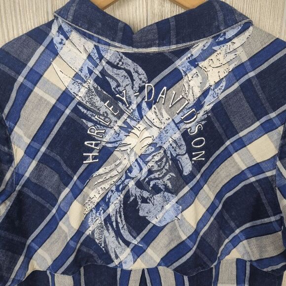 Harley Davidson Blue Plaid Pullover Short Sleeve Half Button Size Large - Picture 5 of 8
